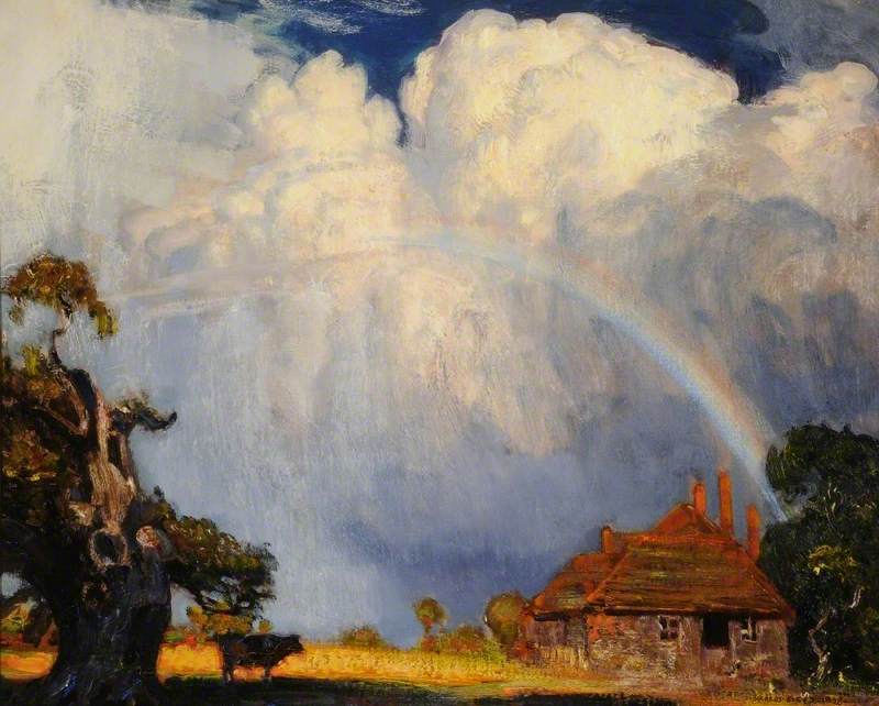 Painting of a rainbow over a farm house