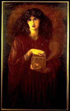 Pandora, with a red dress and long flowing hair, opens the box. Painting by Gabriel Rosetti. 
