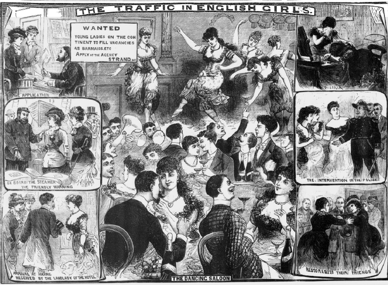 Illustrated Police News May 2nd 1885. A series of drawings illlustrating trafficking. It begins with a job application for a barmaid job on the continent, a warning on board a steamer, arrival at a 'hotel,' despair, the intervention of the police and restoration to their friends.