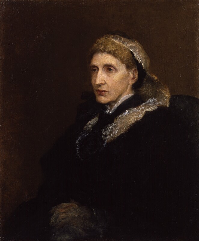 A painting of Josephine Butler. She is an elderly woman with aquiline features in a black dress 